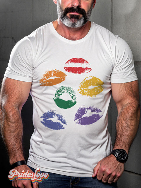 LGBT Proud Rainbow Mouth Kiss Casual Print T-shirt White / S