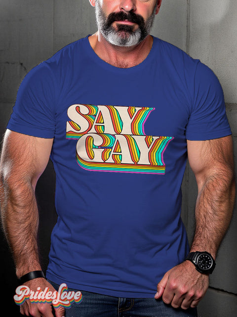 LGBT Proud Say Gay Rainbow Casual Print T-shirt Blue / S