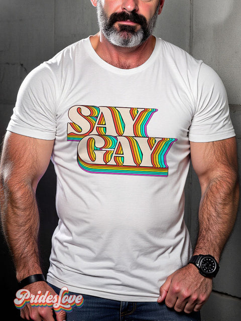 LGBT Proud Say Gay Rainbow Casual Print T-shirt White / S
