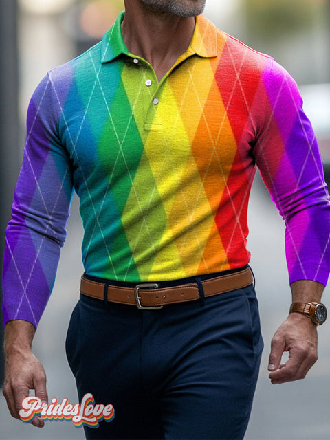 Lgbt Rainbow Diamond Lattice Gay Men’s Art Print Buttons Long Sleeve Polo Colorful / S