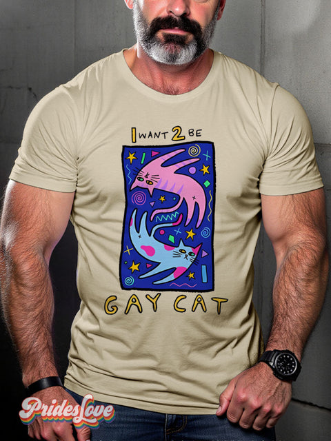 Lgbt Rainbow Funny Cat Gay Art Print T-Shirt Sand / S