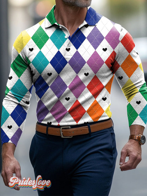 Lgbt Rainbow Gay Diamond Lattice Heart Men’s Art Print Buttons Long Sleeve Polo
