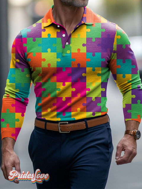 Lgbt Rainbow Gay Saw Puzzle Men’s Art Print Buttons Long Sleeve Polo