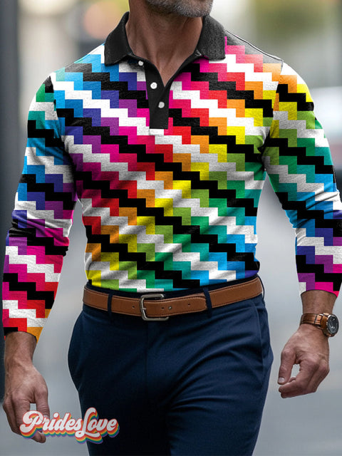Lgbt Rainbow Gay Wavy Stripes Fashion Men’s Art Print Buttons Long Sleeve Polo
