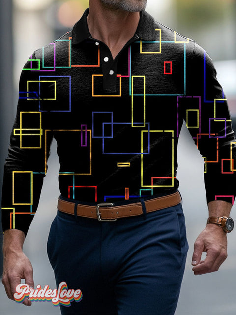 Lgbt Rainbow Geometry Rectangle Gradient Gay Men’s Art Print Buttons Long Sleeve Polo Colorful / S
