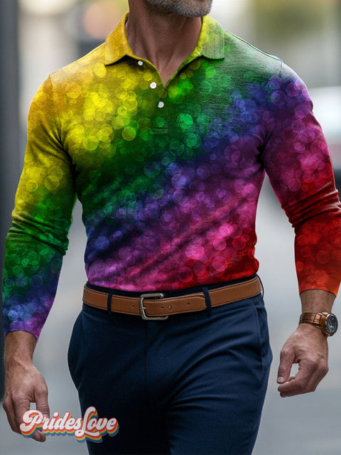 Lgbt Rainbow Gradient Lamplight Gay Men’s Art Print Buttons Long Sleeve Polo