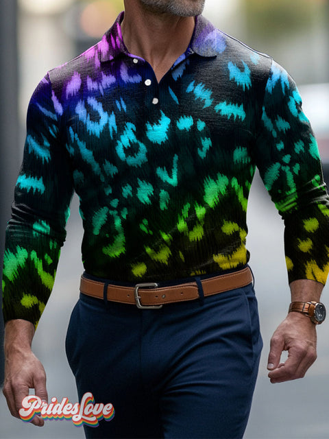 Lgbt Rainbow Gradient Leopard Print Gay Men’s Art Print Buttons Long Sleeve Polo Colorful / S