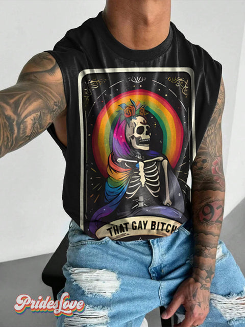 Lgbt Rainbow Skull Tarot Card Gay Print Men’s Wide Shoulder Vest Colorful / S