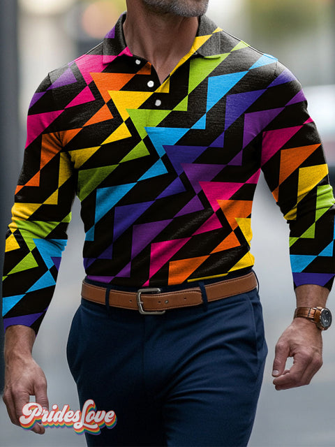 Lgbt Rainbow Triangle Gay Men’s Art Print Buttons Long Sleeve Polo Colorful / S