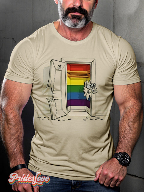 Lgbtq Gay Pride Rainbow Door Print Casual T-Shirt Beige / S