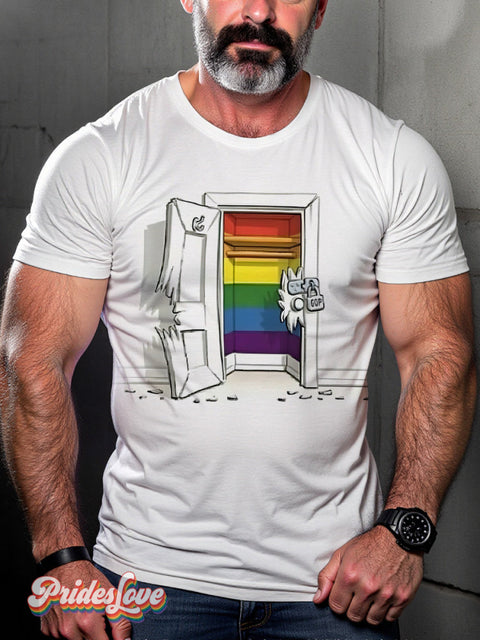 Lgbtq Gay Pride Rainbow Door Print Casual T-Shirt White / S