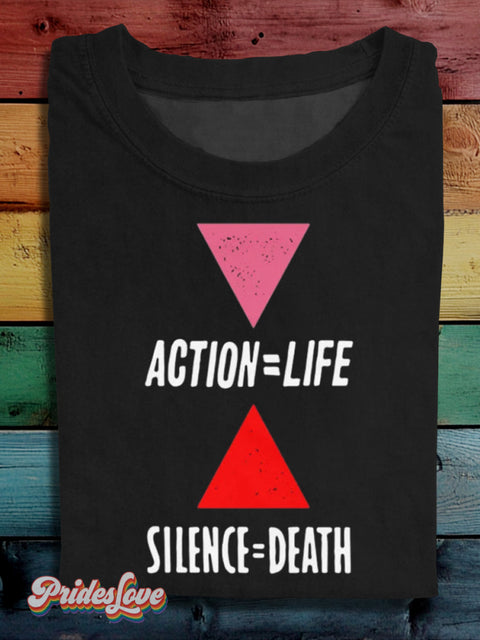 LGBTQ Pride Action = Life Silence = Death Act Up AIDS Fight Print T-shirt Multicolor / S