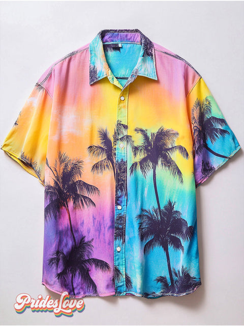Lgbtq Pride Rainbow Palm Tree Art Print Casual 100% Cotton Shirt Multicolor / S