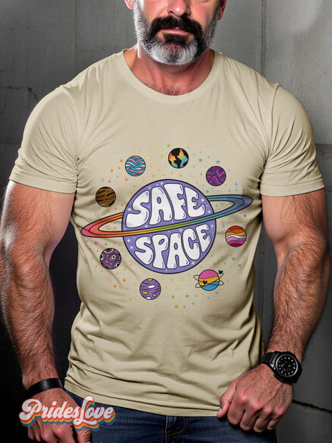Lgbtq Support Rainbow Safe Space Pride Gay Print T-Shirt Sand / S