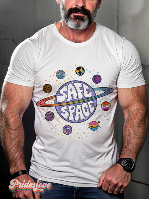 Lgbtq Support Rainbow Safe Space Pride Gay Print T-Shirt White / S