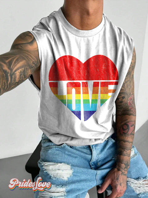 Love Heart Rainbow Flag LGBTQ Gay Print Men’s Wide Shoulder Vest Multicolor / S