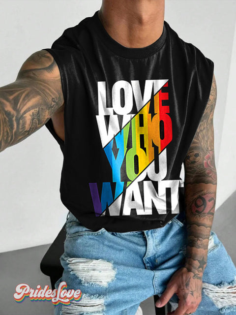 LOVE WHO YOU WANT Rainbow LGBTQ Gay Print Men’s Wide Shoulder Vest Multicolor / S