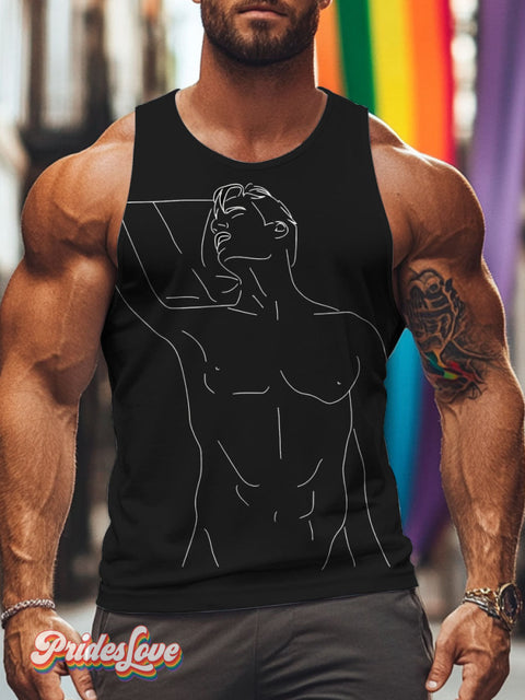 Male Body Naked Body Outline Art Rainbow LGBTQ Gay Print Men’s Tank Top Multicolor / S