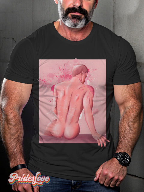 Man naked back pink Rainbow LGBTQ Gay Print T-shirt Black / S