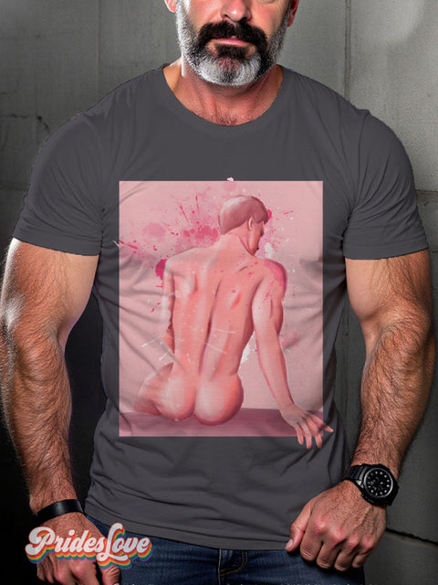 Man naked back pink Rainbow LGBTQ Gay Print T-shirt Gray / S