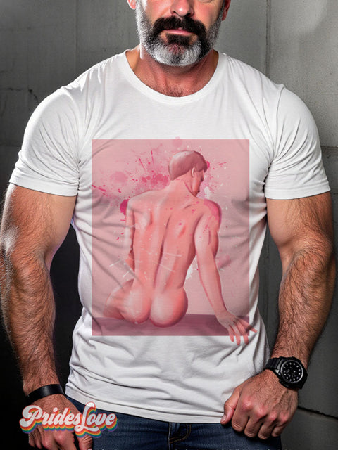 Man naked back pink Rainbow LGBTQ Gay Print T-shirt White / S