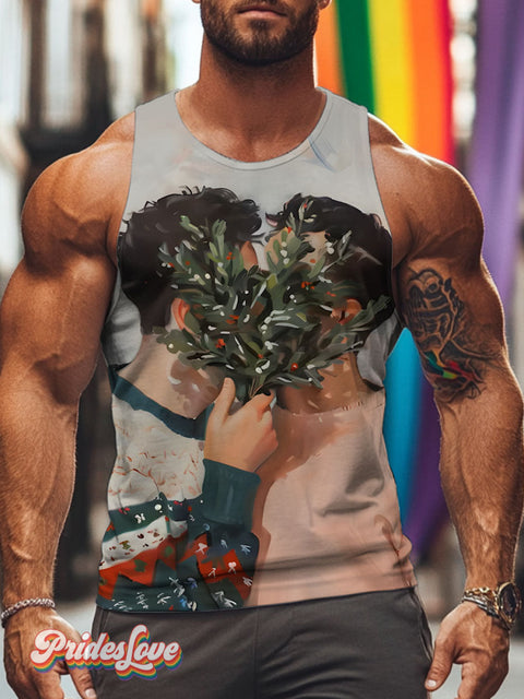 Men kissing under mistletoe Art Rainbow LGBTQ Gay Print Men’s Tank Top Multicolor / S