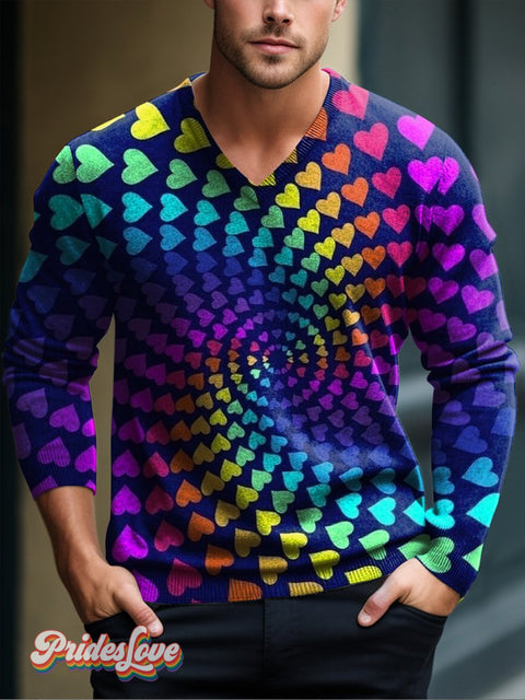 Men Lgbt Rainbow Spiral Heart Print V-Neck Lnit Long Sleeve Sweater Multicolor / S