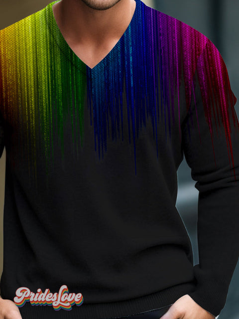 Men Multicolor Gradient Art Casual Print V-Neck Lnit Long Sleeve Knit Sweater
