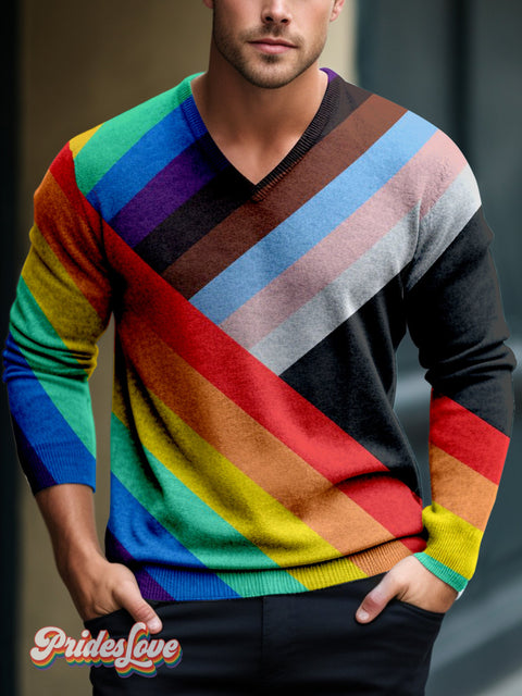 Men Multicolor Rainbow Pride Art Casual Print V-Neck Lnit Long Sleeve Knit Sweater Multicolor / S