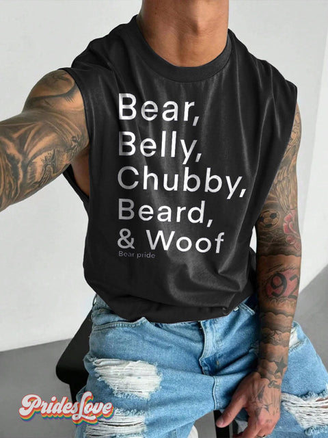 Men’s Bear Belly Chubby Beard & Woof Pride LGBT Gay Print Wide Shoulder Vest Black / S