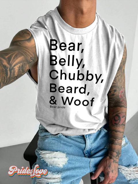 Men’s Bear Belly Chubby Beard & Woof Pride LGBT Gay Print Wide Shoulder Vest White / S