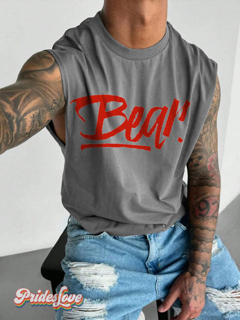 Men’s Bear Red Pride LGBT Gay Print Wide Shoulder Vest Grey / S