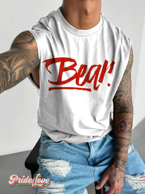 Men’s Bear Red Pride LGBT Gay Print Wide Shoulder Vest White / S