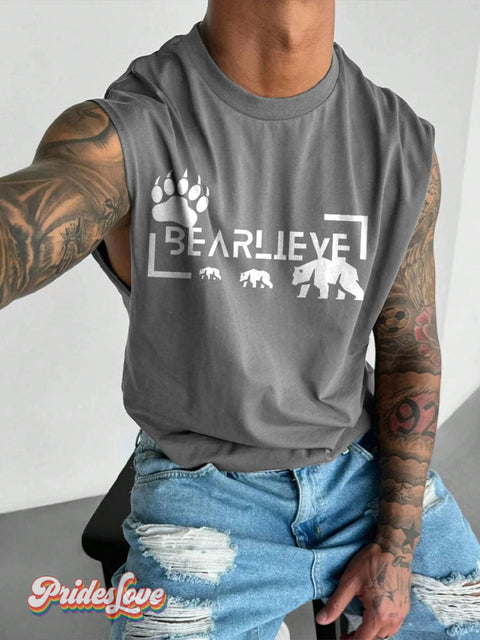 Men’s Bearlieve Bear Claw Paw Pride LGBT Gay Print Wide Shoulder Vest Grey / S