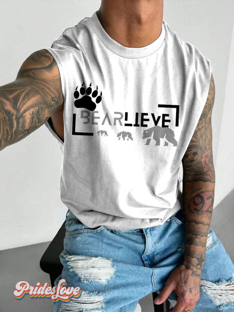 Men’s Bearlieve Bear Claw Paw Pride LGBT Gay Print Wide Shoulder Vest White / S