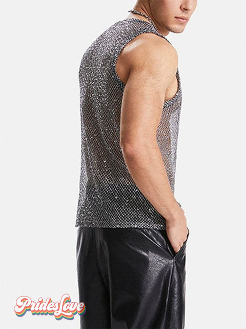 Men’s Casual Fishnet Sequin European And American Hollow Mesh Black Vest