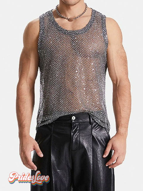 Men’s Casual Fishnet Sequin European And American Hollow Mesh Black Vest