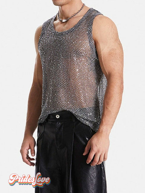 Men’s Casual Fishnet Sequin European And American Hollow Mesh Black Vest