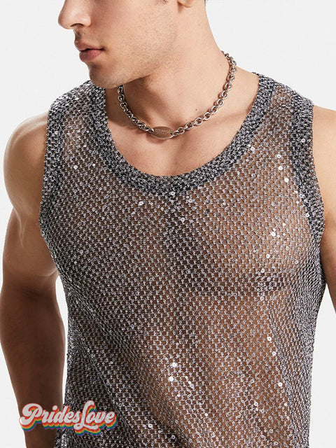 Men’s Casual Fishnet Sequin European And American Hollow Mesh Black Vest Black / S