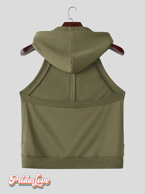 Men’s Casual Sports Hooded Vest Sleeveless Short Zipper Sweatshirt
