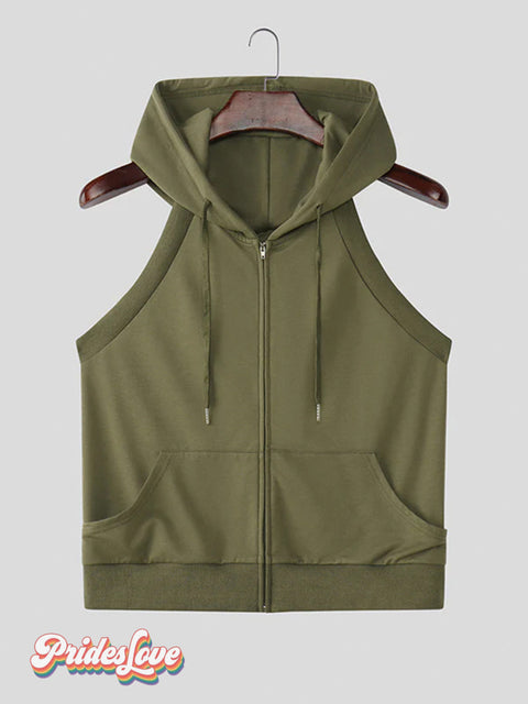 Men’s Casual Sports Hooded Vest Sleeveless Short Zipper Sweatshirt