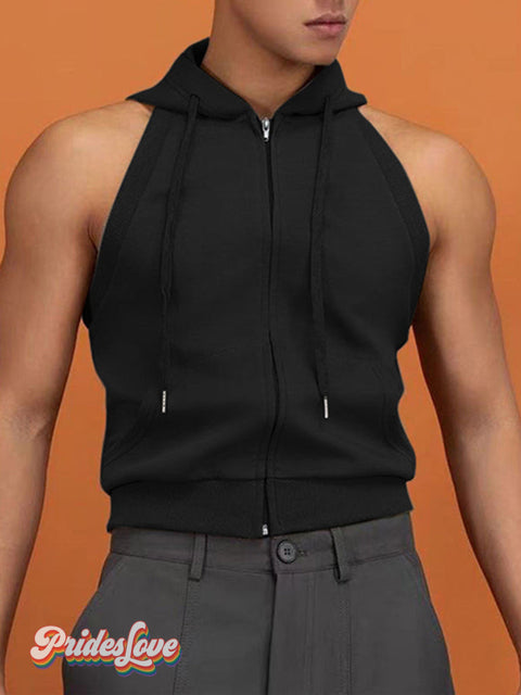 Men’s Casual Sports Hooded Vest Sleeveless Short Zipper Sweatshirt Black / M