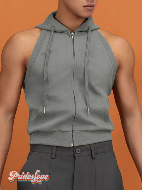Men’s Casual Sports Hooded Vest Sleeveless Short Zipper Sweatshirt Gray / M