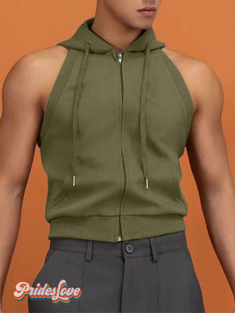 Men’s Casual Sports Hooded Vest Sleeveless Short Zipper Sweatshirt Green / M