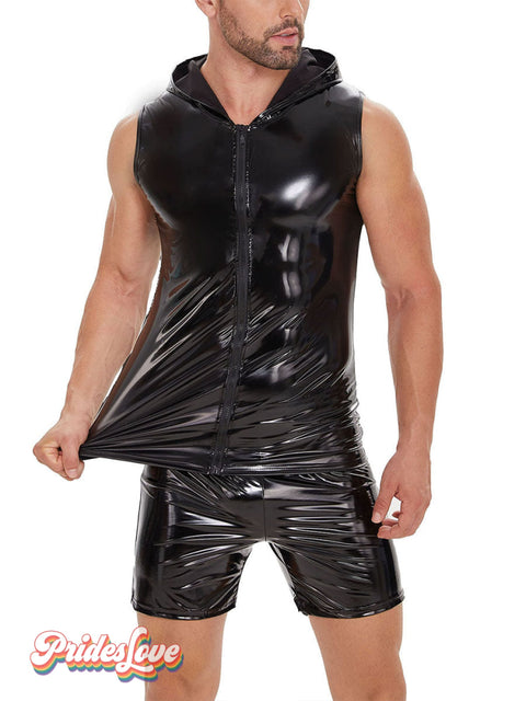 Men’s European And American Mirrored Leather Vest Hooded Sleeveless