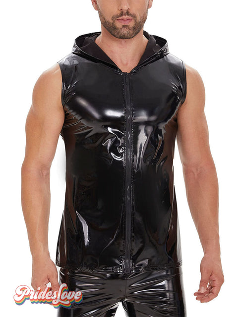 Men’s European And American Mirrored Leather Vest Hooded Sleeveless Black / S
