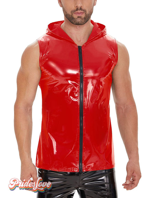 Men’s European And American Mirrored Leather Vest Hooded Sleeveless Red / S