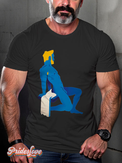 Men’s Gay Blue Blonde Naked Man With Beard Casual Print T-Shirt Black / S