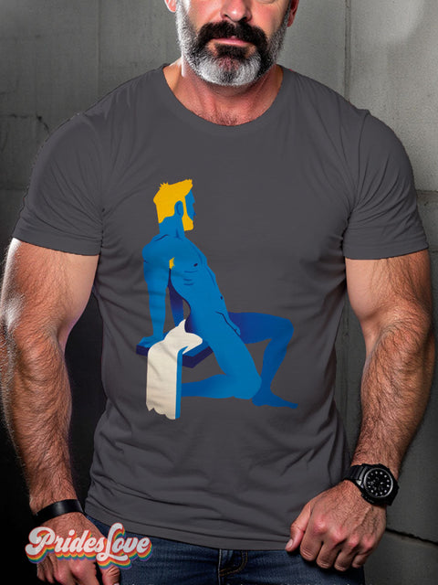 Men’s Gay Blue Blonde Naked Man With Beard Casual Print T-Shirt Grey / S