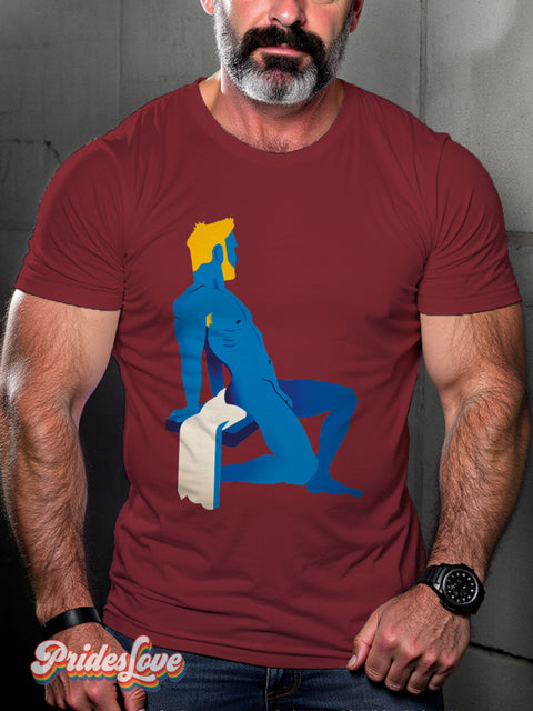 Men’s Gay Blue Blonde Naked Man With Beard Casual Print T-Shirt Maroon / S